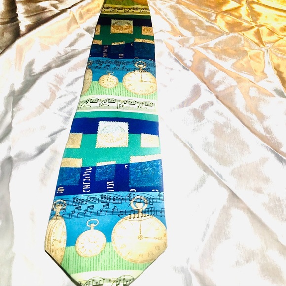 Classic Time Watch Structure Blue Green Gild Blue Party NeckTie - Picture 3 of 3
